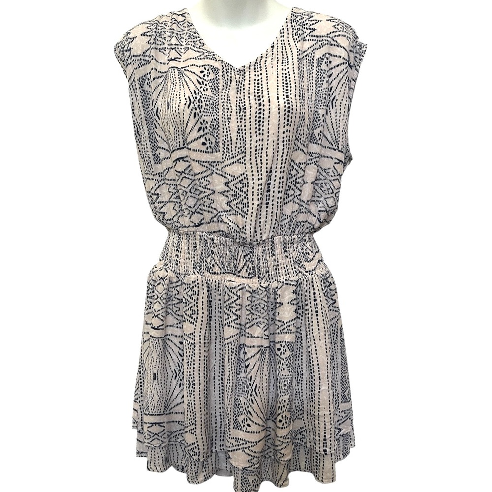 Kori America Aztec Dot Printed smocked waist V neck Soft Mini Dress